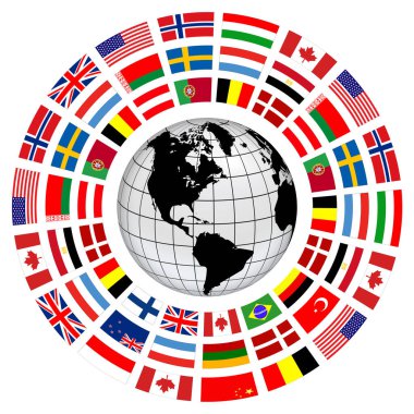 İş geçmişi, dünya çapında bayraklar zinciri, uluslararası işbirliği ile 3D sembol, bayraklarla çevrili dünya gezegeni, vektör illüstrasyonu
