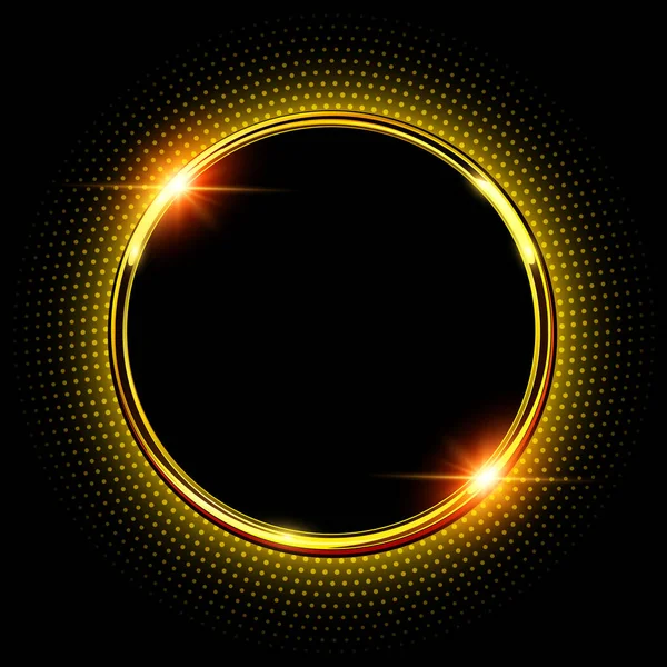Siyah arka planda parıltılı altın bir yüzük. Altından yarım tonlu parlak vektör düğmesi, etrafında noktalar, vektör illüstrasyonu.