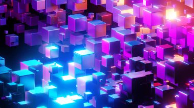 Soyut arkaplan 3D, siyah ilginç bilim teknolojisi arka planında neon mavisi parlayan pek çok küp, 3D çizim.