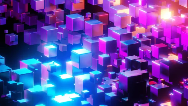 Soyut arkaplan 3D, siyah ilginç bilim teknolojisi arka planında neon mavisi parlayan pek çok küp, 3D çizim.
