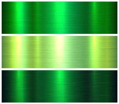 Metal dokular seti, parlak yeşil metalik arka planlar, fırçalanmış metal vektör çizimi.