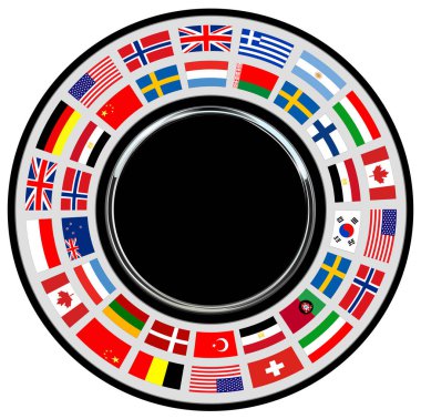 Üzerinde uluslararası bayraklar, üzerinde siyah bayraklar ve fotokopi uzay vektörü iş simgesi olan gümüş siyah düğme..