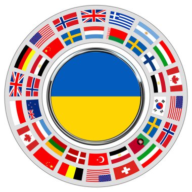 Ukrayna ile uluslararası işbirliğinin bir sembolü. Ukrayna bayrak düğmesi etrafında bayraklar halka, destek sembolü olarak bayraklarla çevrili Ukrayna, vektör illüstrasyonu.