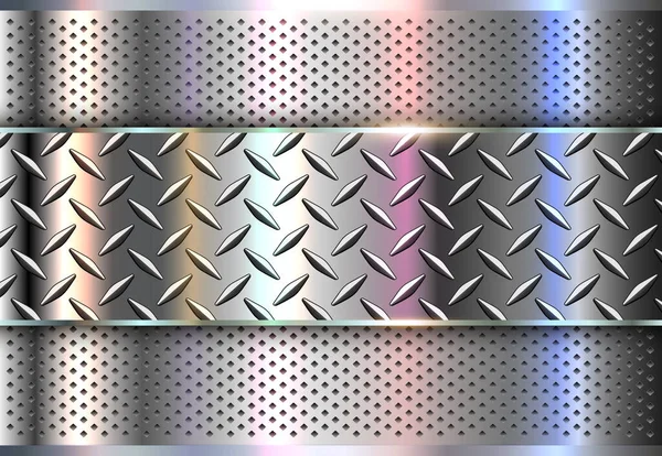 Silver Metallic Background Shiny Lustrous Metal Banner Perforated Pattern Back — Vetor de Stock