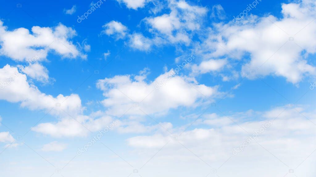 Sunny day background, blue sky with white cumulus clouds, natural summer or spring background with perfect hot day weather illustration.