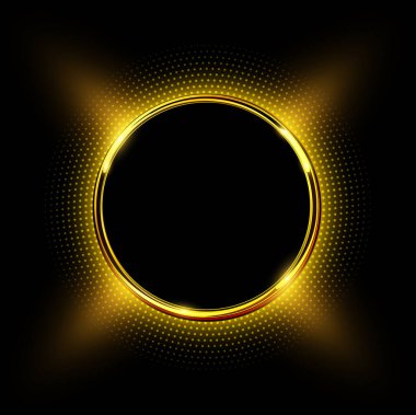 Siyah arka planda parıltılı altın bir yüzük. Altından yarım tonlu parlak vektör düğmesi, etrafında noktalar, vektör illüstrasyonu.
