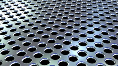 Metalik arka plan delinmiş delikler deseni, teknolojik metal tasarımı, 3 boyutlu delinmiş doku ilüstrasyonu