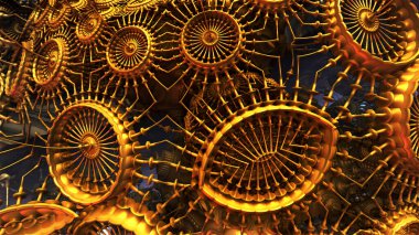 Altın yapı ve yapılar, antik uygarlık mimarisinin soyut metalik fantastik şekilleri ve üç boyutlu yapılar, kurgusal bilim kurgu arkaplanı, üç boyutlu resimleme.