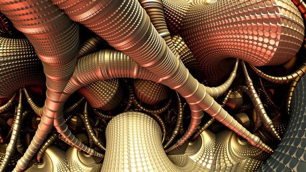 Astratto Sfondo Fantastica Architettura Antica Civiltà Tubi Metallici Oro Strutture — Foto Stock