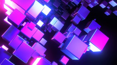 Soyut arkaplan 3D, siyah ilginç bilim teknolojisi arka planında neon mavisi parlayan pek çok küp, 3D çizim.