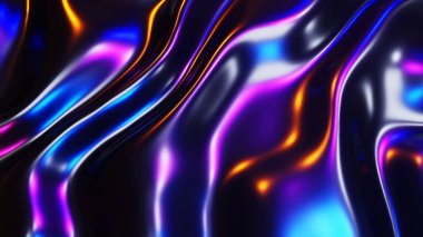 Soyut arkaplan, üç boyutlu siyah dalgalar, neon ışıklı çok renkli lazer ışıkları, modern 3D çizim.