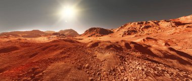 Mars gezegeni manzarası, hayali Mars gezegeninin 3D görüntüsü, dağlarla ve güneşle aşınmış turuncu çöl, gerçekçi bilim kurgu illüstrasyonu..