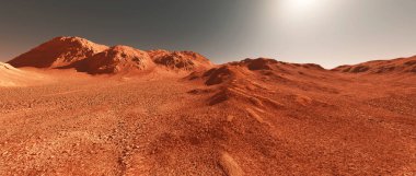Mars gezegeni manzarası, hayali Mars gezegeninin 3D görüntüsü, dağlarla ve güneşle aşınmış turuncu çöl, gerçekçi bilim kurgu illüstrasyonu..