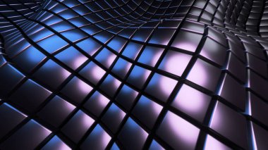 Siyah zemin 3 boyutlu kare desen dalgaları, soyut teknoloji alan küpler, muhteşem neon parıldayan doku denizi, 3 boyutlu çizim arkaplanı