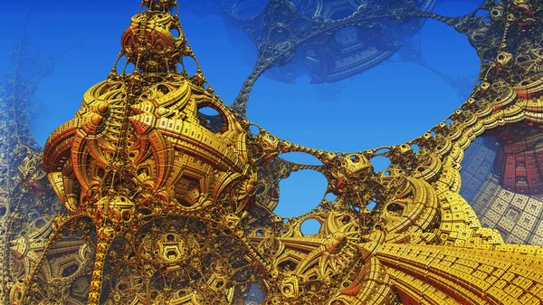 Altın yapı ve yapılar, antik uygarlık mimarisinin soyut metalik fantastik şekilleri ve üç boyutlu yapılar, kurgusal bilim kurgu arkaplanı, üç boyutlu resimleme.