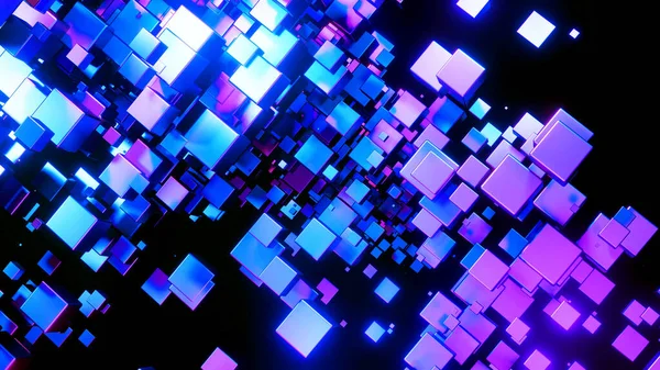 要旨背景3D 黒興味深い科学技術の背景にネオン紫青の輝きを持つ多くのキューブ 3Dレンダリングイラスト — ストック写真