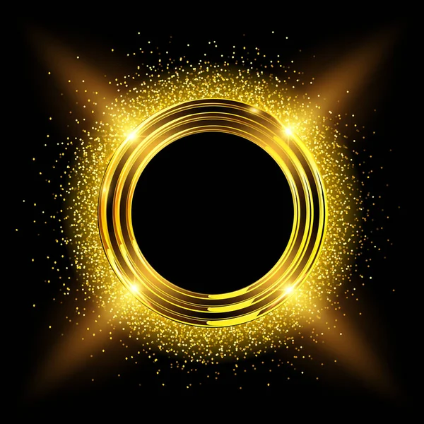 ブラックを背景にキラキラと輝くゴールドのリング ベクトル贅沢と光沢のある金色のボタン — ストックベクタ