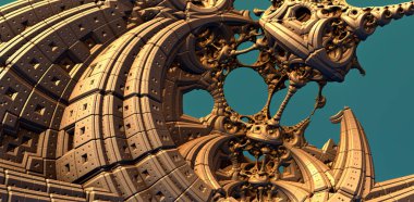 Altın yapı ve yapılar, antik uygarlık mimarisinin soyut metalik fantastik şekilleri ve üç boyutlu yapılar, kurgusal bilim kurgu arkaplanı, üç boyutlu resimleme