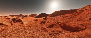 Mars gezegeni manzarası, hayali Mars gezegeninin 3D görüntüsü, dağlarla ve güneşle aşınmış turuncu çöl, gerçekçi bilim kurgu illüstrasyonu..