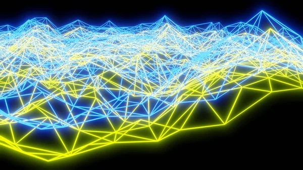 科学图上 三维条纹渲染背景上霓虹灯亮蓝色黄线的技术背景 — 图库照片