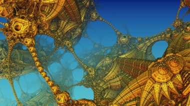 Altın yapı ve yapılar, antik uygarlık mimarisinin soyut metalik fantastik şekilleri ve üç boyutlu yapılar, kurgusal bilim kurgu arkaplanı, üç boyutlu resimleme.