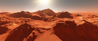 Mars planet landscape, 3d render of imaginary mars planet terrain, orange eroded desert with mountains glaring and sun, realistic science fiction mars illustration.