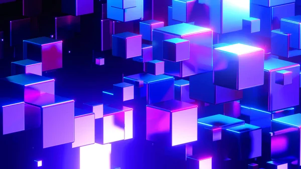Abstrato Tecnologia Fundo Com Cubos Espaço Roxo Azul Neon Brilhante — Fotografia de Stock