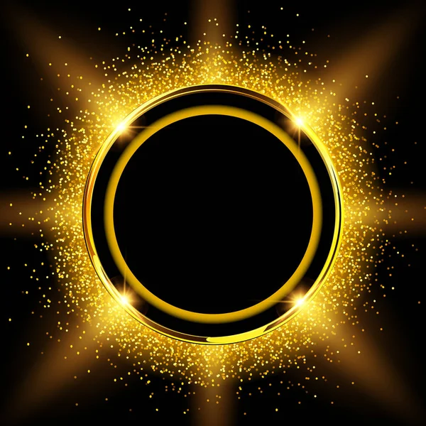 Gold Shiny Button Glitter Black Background Glowing Golden Sparkling Dust — 스톡 벡터