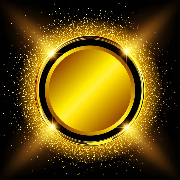 Gold Shiny Button Glitter Black Background Glowing Golden Sparkling Dust — Stok Vektör