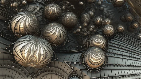 Absztrakt Háttér Fantasztikus Ősi Civilizáció Építészet Sötét Arany Fém Gömbök — Stock Fotó