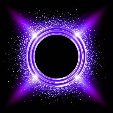 Siyah zemin üzerinde parıltı olan mor parlak düğme, parlayan ve ışıldayan toz vektörü çizimi