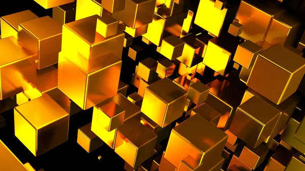 摘要背景3D 许多具有霓虹灯金色光芒的金立方体在黑色有趣的科技背景下 3D渲染插图 — 图库照片