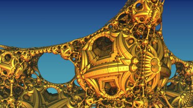 Gold construction and structures, abstract metallic fantastic shapes of ancient civilization architecture machinery and 3D structures, fictional sci fi background, 3D render illustration.