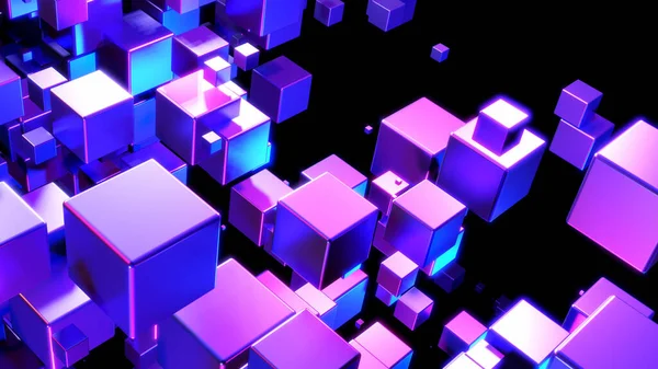 Abstract Technology Background Cubes Space Purple Blue Neon Glowing Cubes — Stockfoto