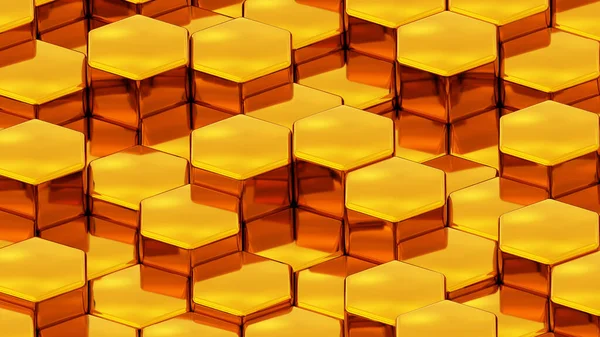 Abstract 3D geometric background, gold metal hexagons shapes, 3D honeycomb pattern render illustration.