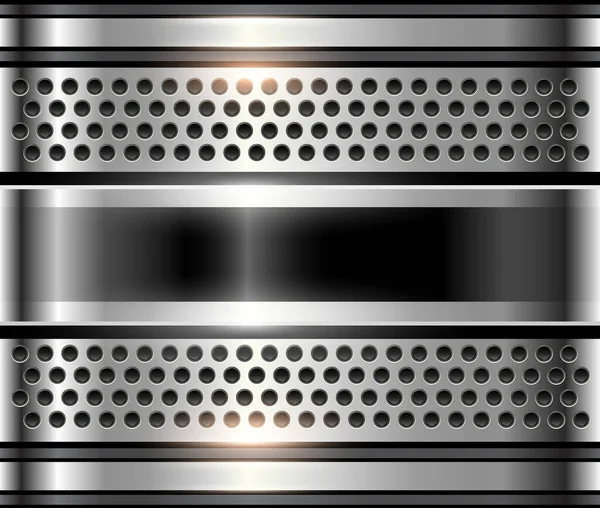 Silver grey metallic background, shiny metal plate with perforated pattern, 3D vector illustration.