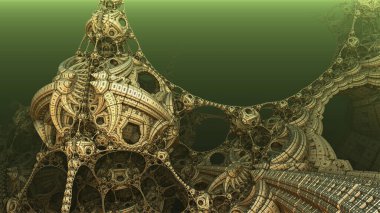 Altın yapı ve yapılar, antik uygarlık mimarisinin soyut metalik fantastik şekilleri ve üç boyutlu yapılar, kurgusal bilim kurgu arkaplanı, üç boyutlu resimleme.