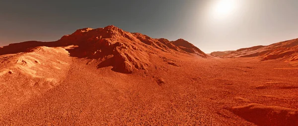 火星の惑星の風景 想像上の火星の惑星の地形の3Dレンダリング 山と太陽とオレンジ浸食砂漠 現実的なSfイラスト — ストック写真