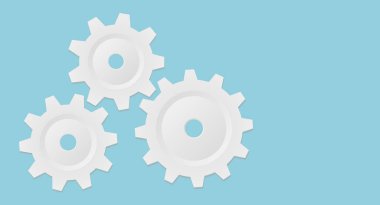 White gears and cogs on blue, cooperation concept technology background with copy space, 3D vector illustration