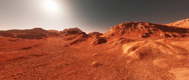 Mars gezegeni manzarası, hayali Mars gezegeninin 3D görüntüsü, dağlarla ve güneşle aşınmış turuncu çöl, gerçekçi bilim kurgu illüstrasyonu.