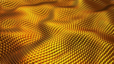 Gold metallic background, 3D waves from square golden metal shapes mosaic, technology abstract modern backdrop, 3D render illustration.