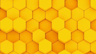 Abstract 3D geometric background, yellow hexagons shapes, 3D honeycomb pattern render illustration. 