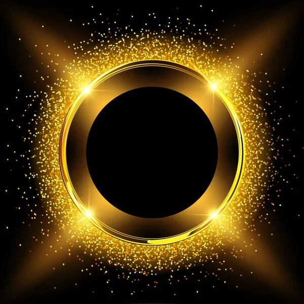 Gold Shiny Button Glitter Black Background Glowing Golden Sparkling Dust — Stockvektor