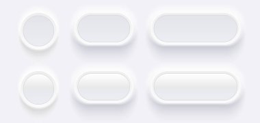Kullanıcı arayüzü için beyaz düğmeler, mobil, web, sosyal medya, iş için basit daire 3D modern tasarım. Neumorphism düz stil vektör düzenlenebilir illüstrasyon. Beyaz gri renk UI simgeleri ayarlandı