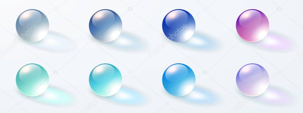 Glass transparent spheres set, multicolored shiny 3D balls with shadows, vector illustration.