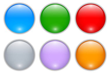 3D parlak çok renkli düğmeler koleksiyonu, parlak daire simgeleri vektör illüstrasyon seti.