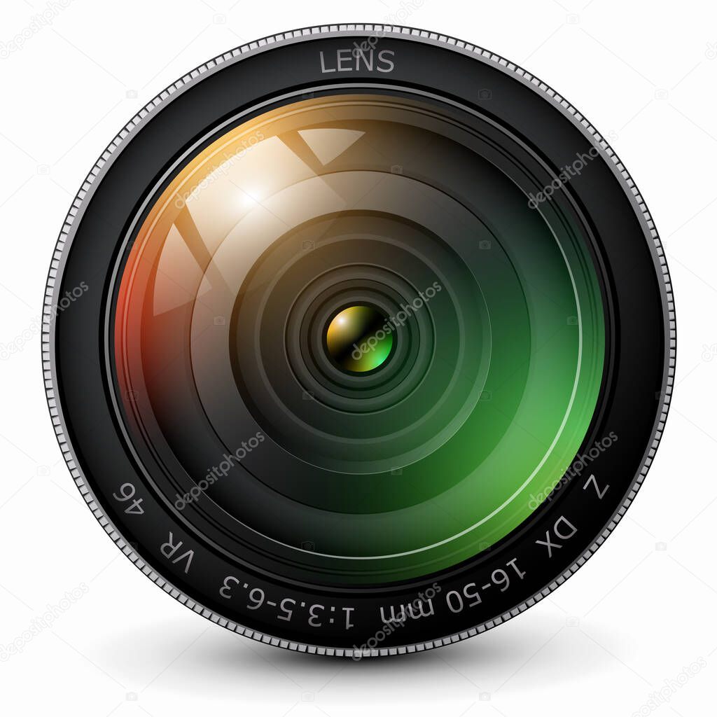 Camera photo lens 3D icon, realistic technology symbol design, vector illustration.