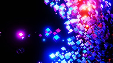 Soyut arkaplan 3D, siyah ilginç bilim teknolojisi arka planında neon mavisi parlayan pek çok küp, 3D çizim.