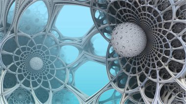 Abstract fantastic white blue constructions and structures, ancient civilization fictional background, 3D sci fi render illustration