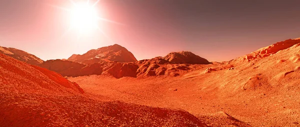 Marsplanetenhintergrund Darstellung Eines Imaginären Marsplanetengeländes Orangefarbene Erodierte Wüste Mit Bergen — Stockfoto